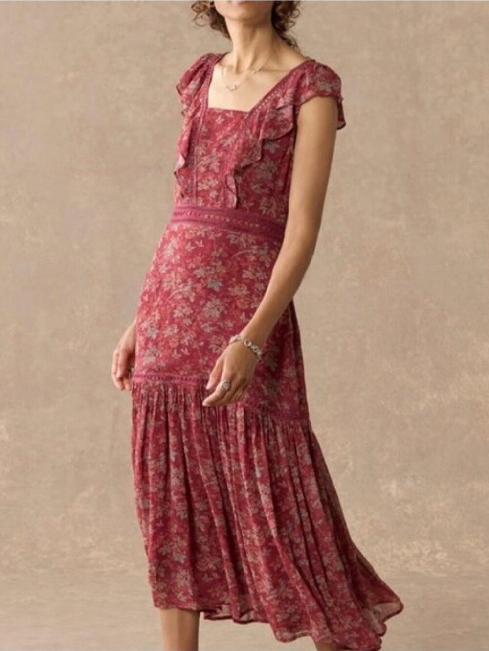 Sundance Harvest Florals Rust Ruffle Maxi Midi Dress Tiered Fall Womens Size 6